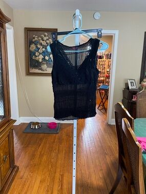 Agenda Black Sheer Fringe Tank with Pink Logo